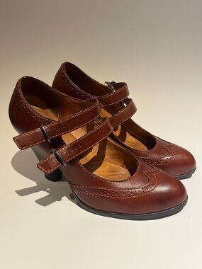 Born Brown Leather Double-Strap Mary Jane Heels